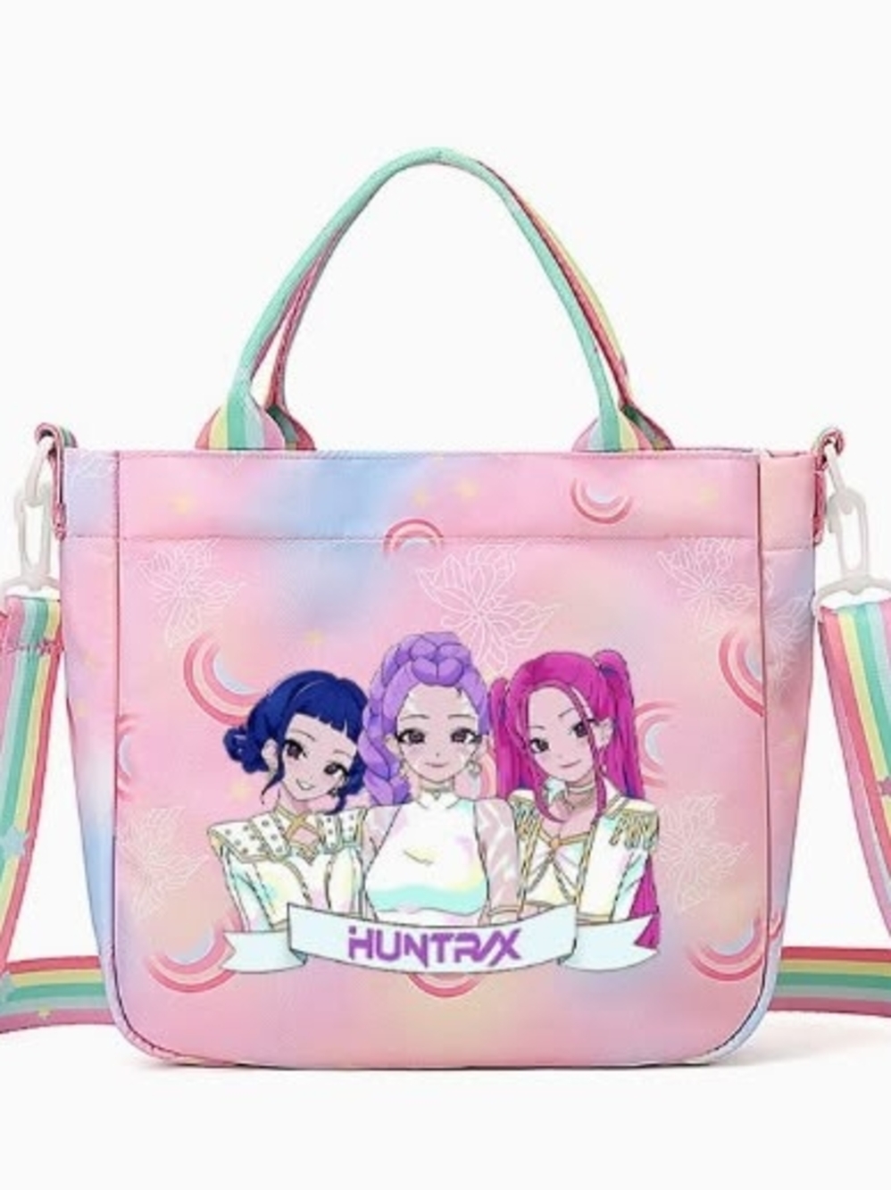 Pastel Pink Anime Tote Bag with Rainbow Straps